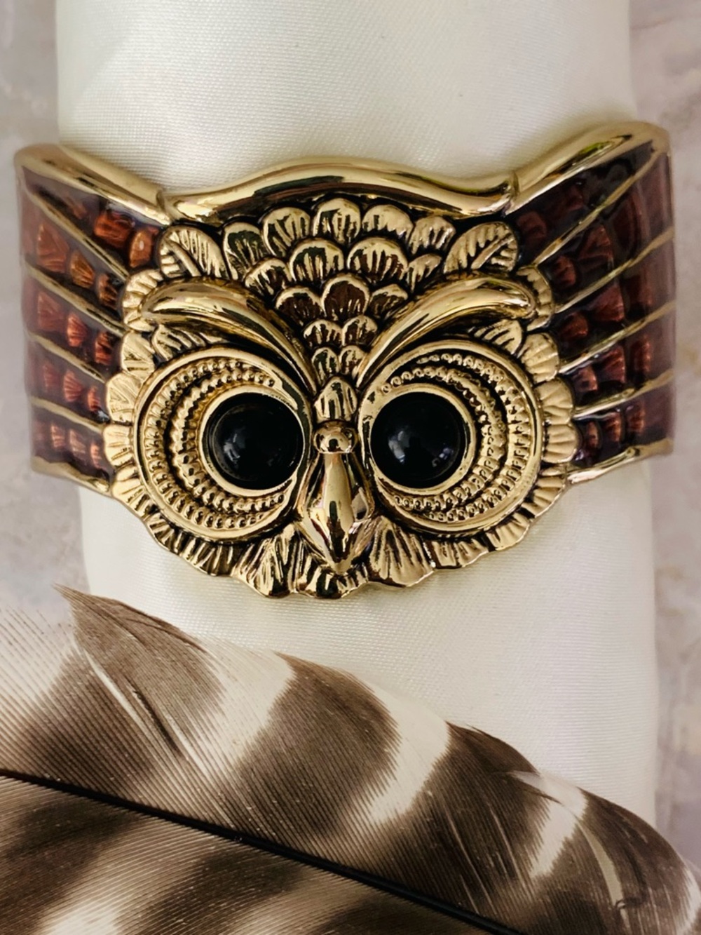 Golden Owl Motif Wide Hinged Bracelet with Brown Enamel Accents